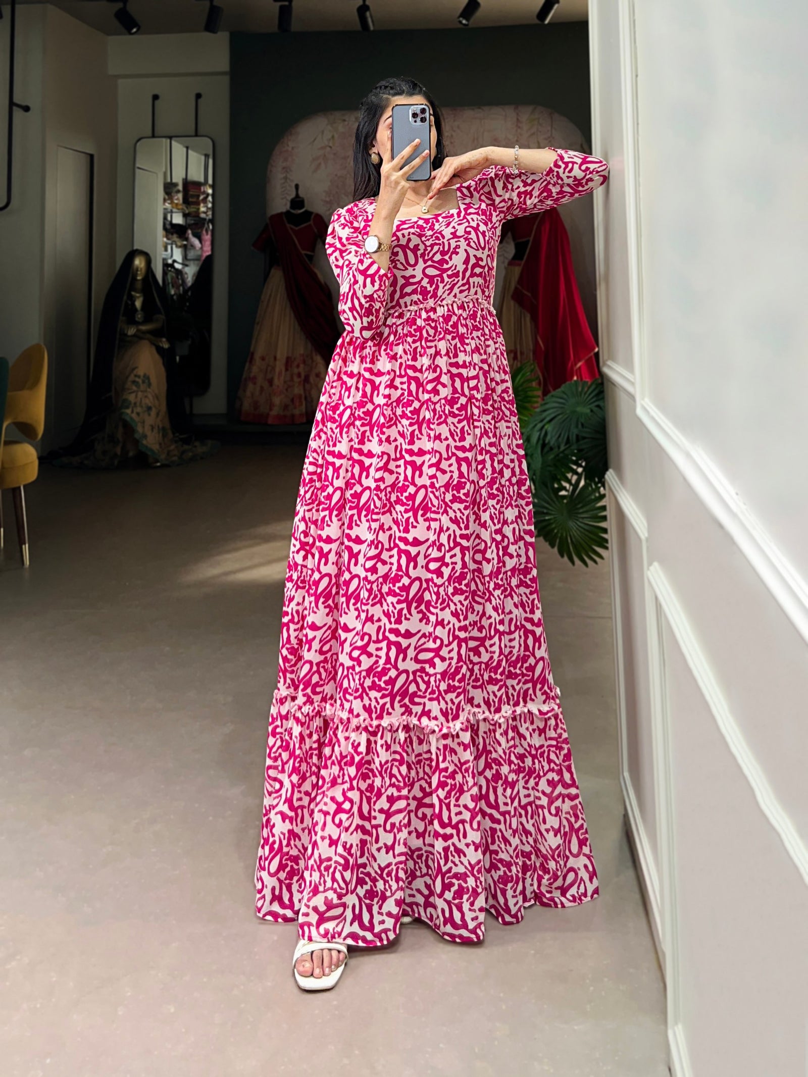 Pink Printed Georgette Flowy Gown with Full Cotton Lining – Lightweight Elegance