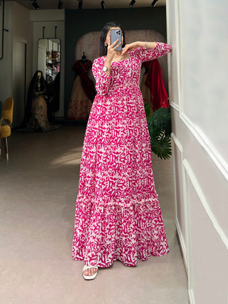 Pink Printed Georgette Flowy Gown with Full Cotton Lining – Lightweight Elegance