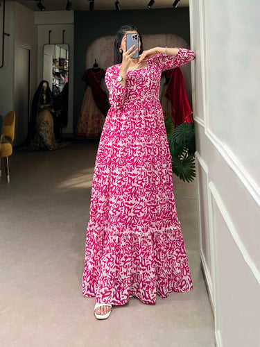 Pink Printed Georgette Flowy Gown with Full Cotton Lining – Lightweight Elegance