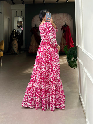 Pink Printed Georgette Flowy Gown with Full Cotton Lining – Lightweight Elegance