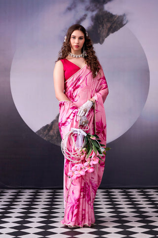 Pink Printed Saree with Pearl Border ClothsVilla