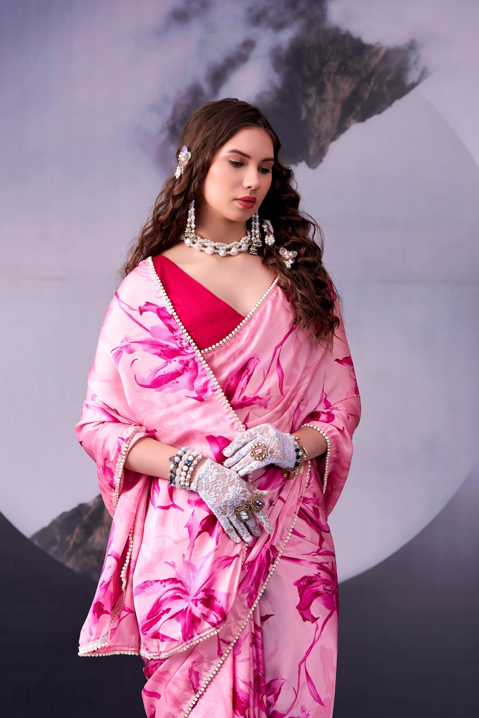Pink Printed Saree with Pearl Border ClothsVilla