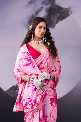 Pink Printed Saree with Pearl Border ClothsVilla