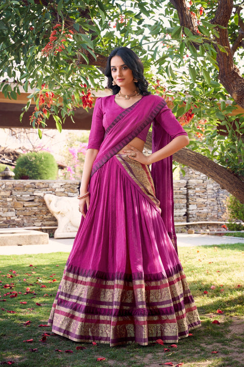 Pink Pure Chanderi Elegance Stitched Lehenga Set with Zari Weaving – 3-Piece Ensemble ClothsVilla Main image