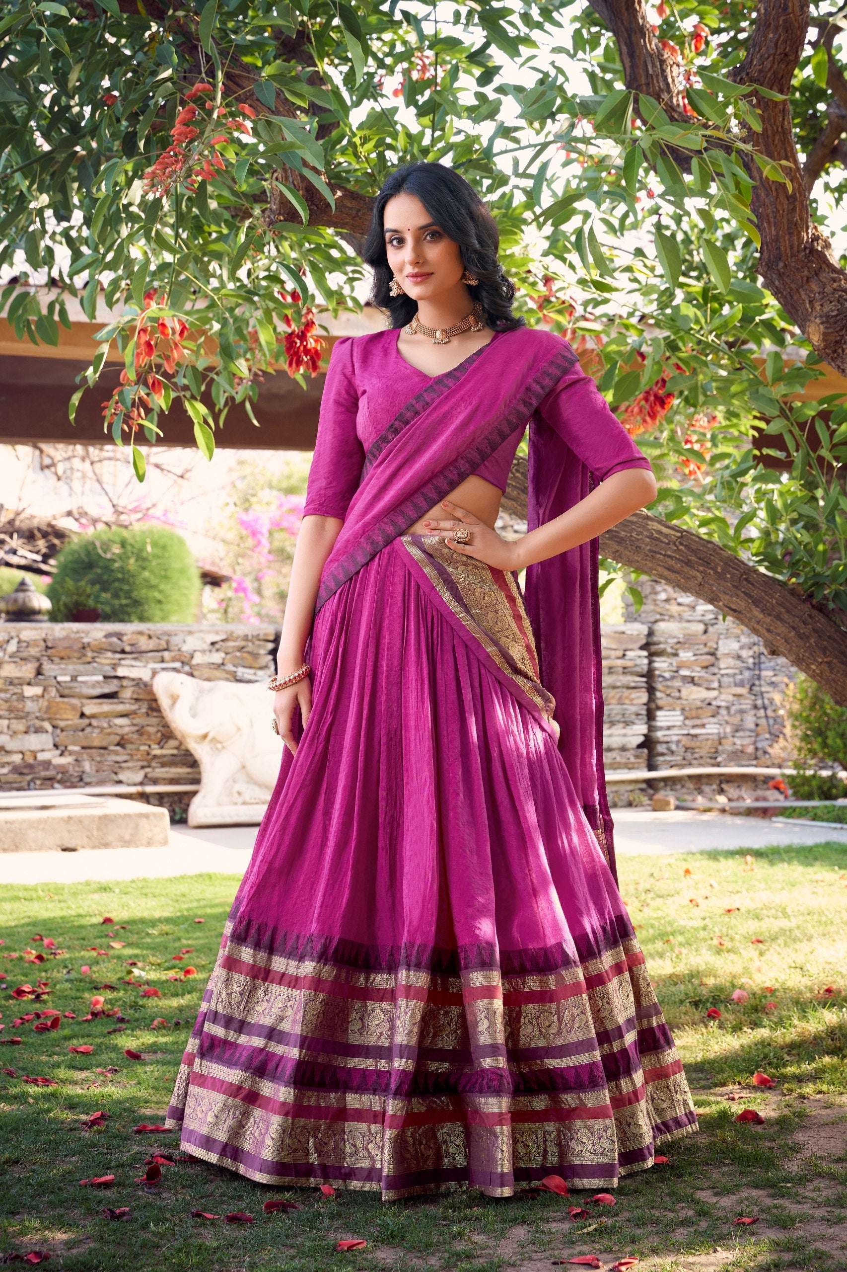 Pink Pure Chanderi Elegance Stitched Lehenga Set with Zari Weaving – 3-Piece Ensemble ClothsVilla