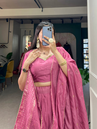 Pink Pure Chanderi Lehenga Choli Set with Zari Border & Sequin Dupatta ClothsVilla