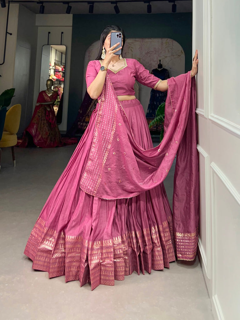 Pink Pure Chanderi Lehenga Choli Set with Zari Border & Sequin Dupatta ClothsVilla