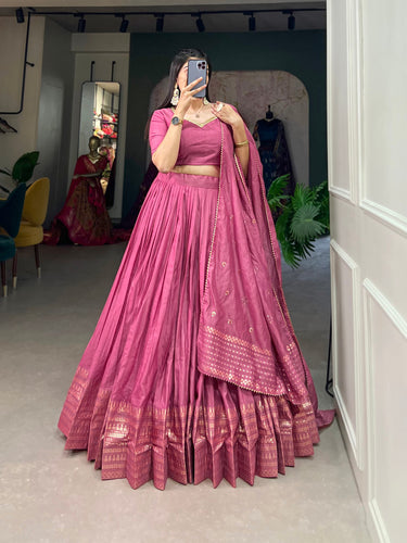 Pink Pure Chanderi Lehenga Choli Set with Zari Border & Sequin Dupatta ClothsVilla