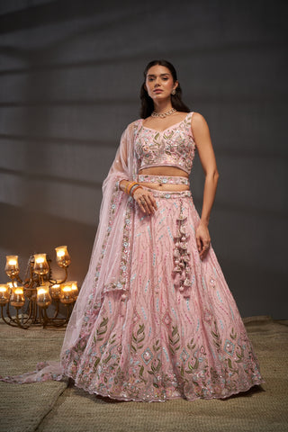 Pink Pure Chiffon Bridal Lehenga Choli Set with Mirror Zari & Heavy Sequin Work ClothsVilla
