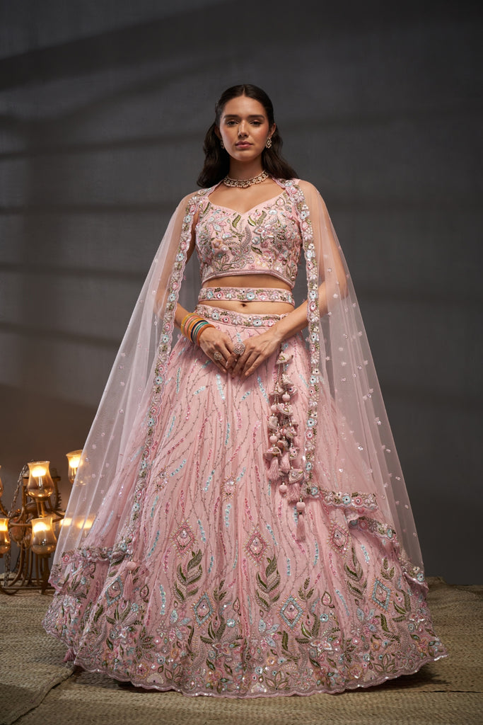 Pink Pure Chiffon Bridal Lehenga Choli Set with Mirror Zari & Heavy Sequin Work ClothsVilla
