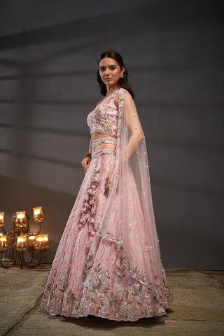 Pink Pure Chiffon Bridal Lehenga Choli Set with Mirror Zari & Heavy Sequin Work ClothsVilla