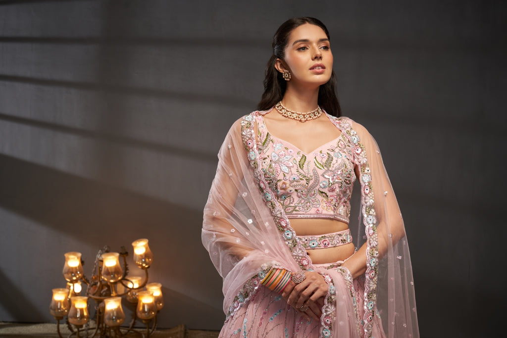 Pink Pure Chiffon Bridal Lehenga Choli Set with Mirror Zari & Heavy Sequin Work ClothsVilla