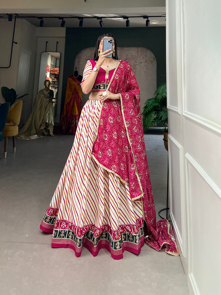 Pink Pure Cotton Lehenga Choli Set with Laheriya Print ClothsVilla