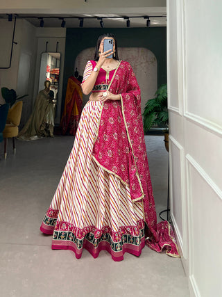Pink Pure Cotton Lehenga Choli Set with Laheriya Print ClothsVilla