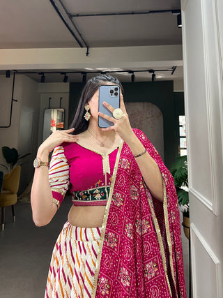 Pink Pure Cotton Lehenga Choli Set with Laheriya Print ClothsVilla