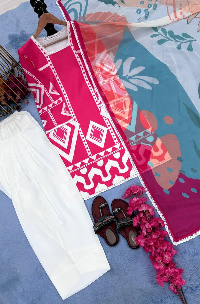 Pink Pure Natural Crepe Digital Printed Kurti Plazzo Set with Chiffon Georgette Dupatta – Fully Stitched ClothsVilla