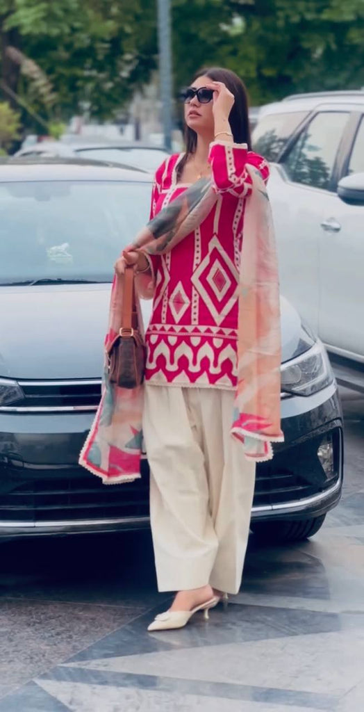 Pink Pure Natural Crepe Digital Printed Kurti Plazzo Set with Chiffon Georgette Dupatta – Fully Stitched ClothsVilla