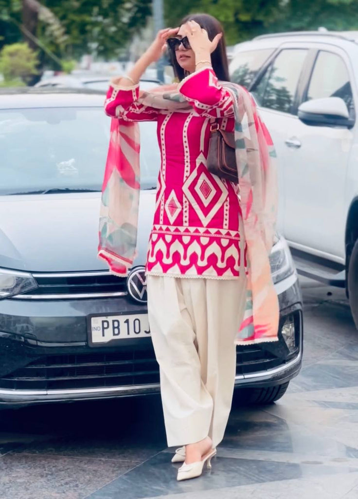 Pink Pure Natural Crepe Digital Printed Kurti Plazzo Set with Chiffon Georgette Dupatta – Fully Stitched ClothsVilla