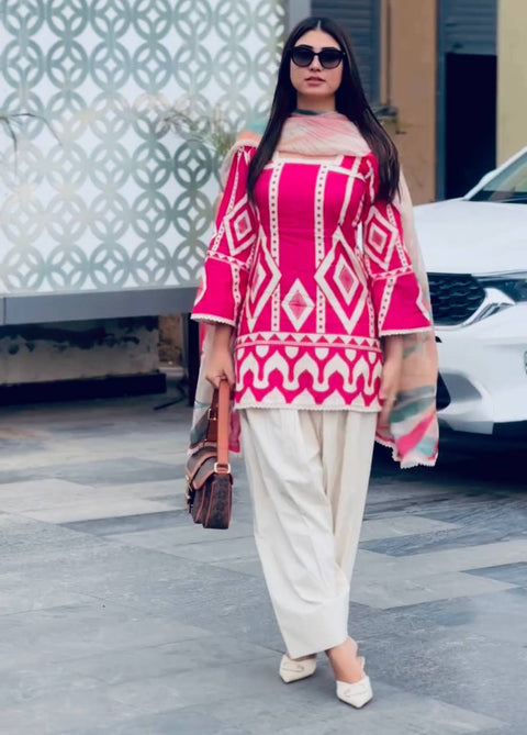 Pink Pure Natural Crepe Digital Printed Kurti Plazzo Set with Chiffon Georgette Dupatta – Fully Stitched ClothsVilla Main image