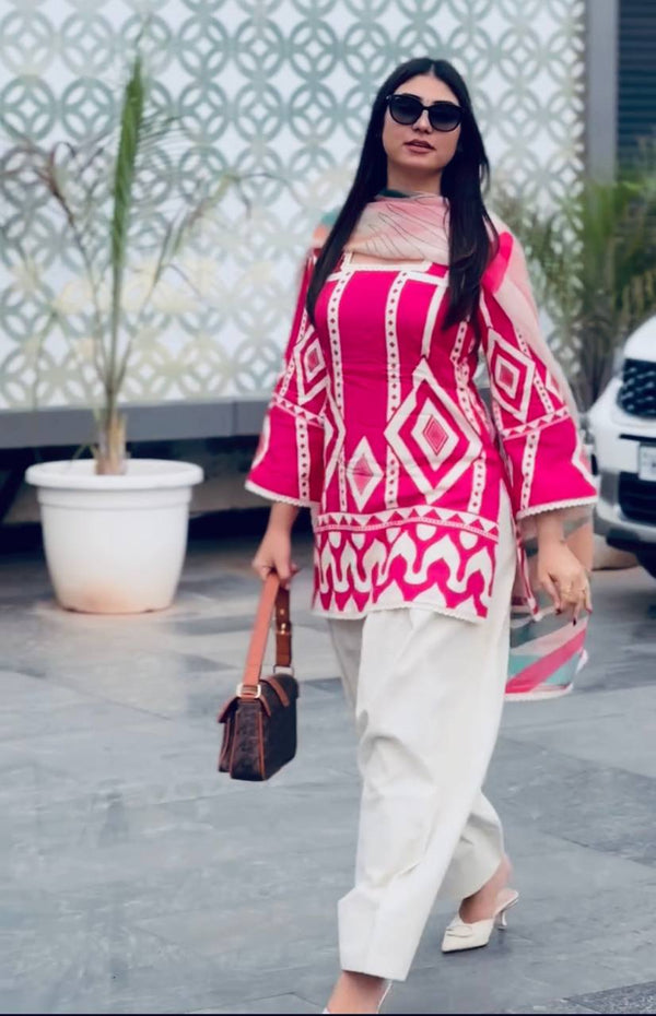 Pink Pure Natural Crepe Digital Printed Kurti Plazzo Set with Chiffon Georgette Dupatta – Fully Stitched ClothsVilla