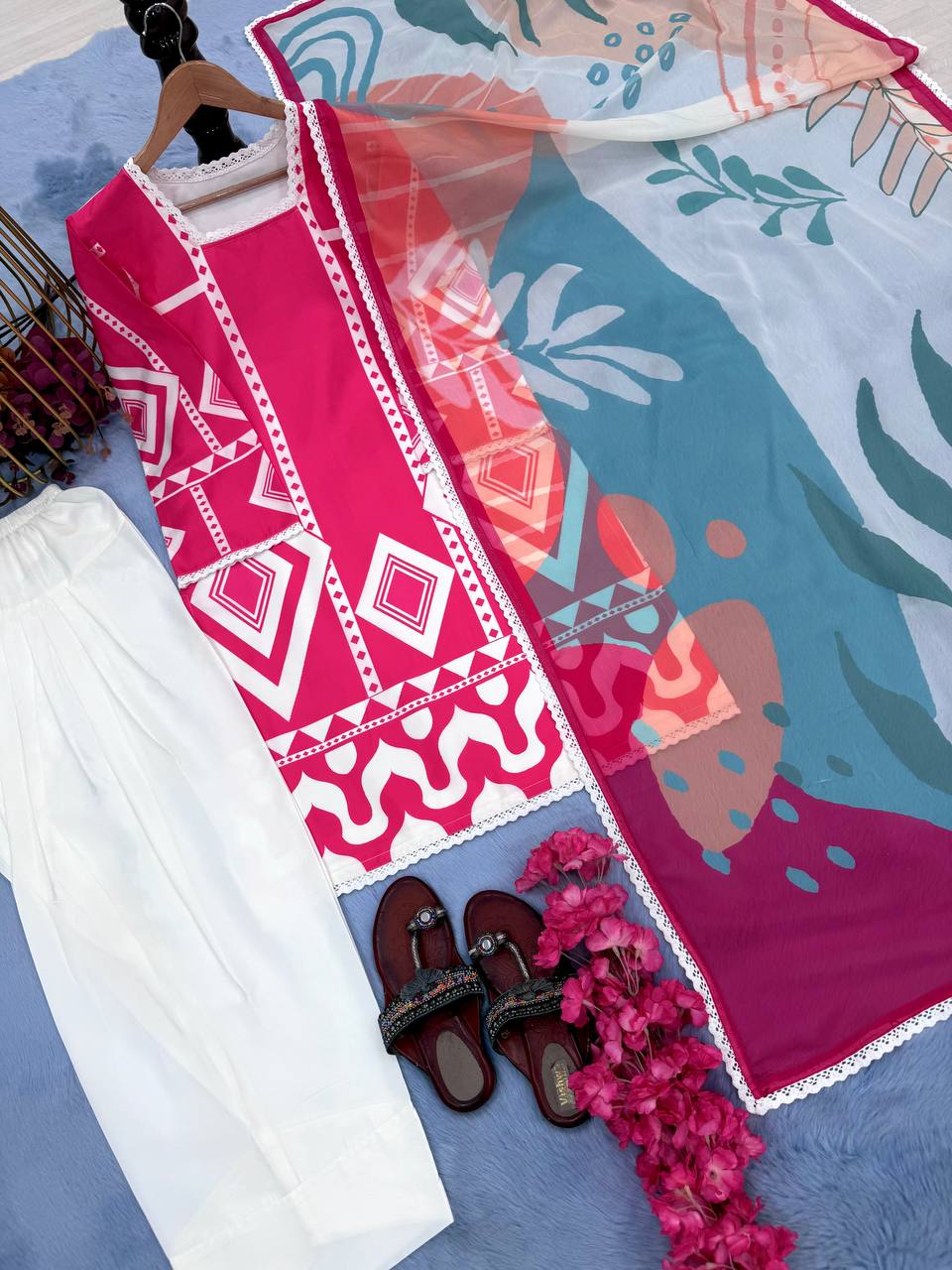 Pink Pure Natural Crepe Digital Printed Kurti Plazzo Set with Chiffon Georgette Dupatta – Fully Stitched ClothsVilla