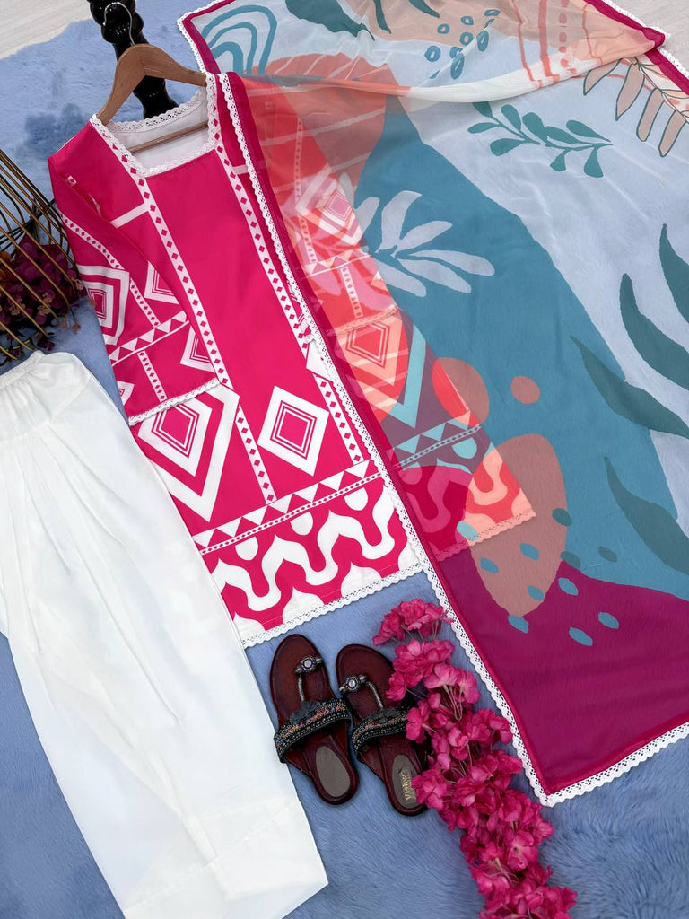 Pink Pure Natural Crepe Digital Printed Kurti Plazzo Set with Chiffon Georgette Dupatta – Fully Stitched ClothsVilla