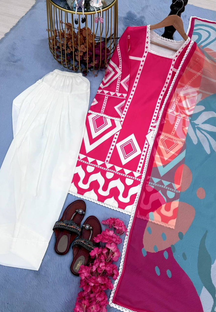 Pink Pure Natural Crepe Digital Printed Kurti Plazzo Set with Chiffon Georgette Dupatta – Fully Stitched ClothsVilla