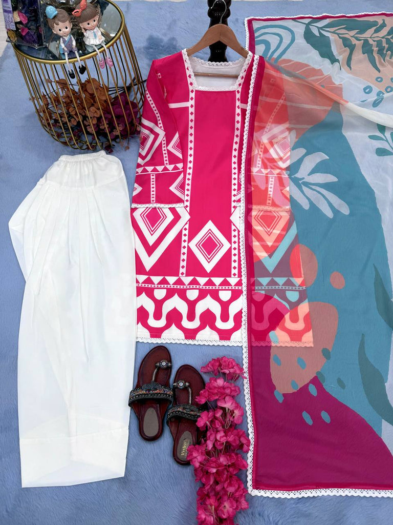 Pink Pure Natural Crepe Digital Printed Kurti Plazzo Set with Chiffon Georgette Dupatta – Fully Stitched ClothsVilla