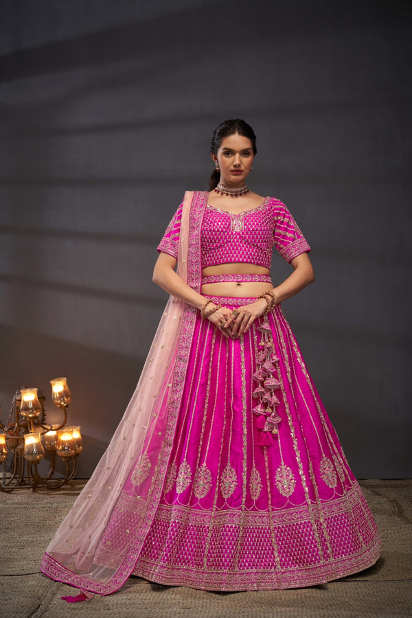 Pink Pure Silk Bridal Lehenga Choli Set with Moti, Zarkan & Sequin Embroidery ClothsVilla
