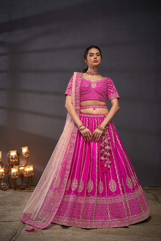 Pink Pure Silk Bridal Lehenga Choli Set with Moti, Zarkan & Sequin Embroidery ClothsVilla