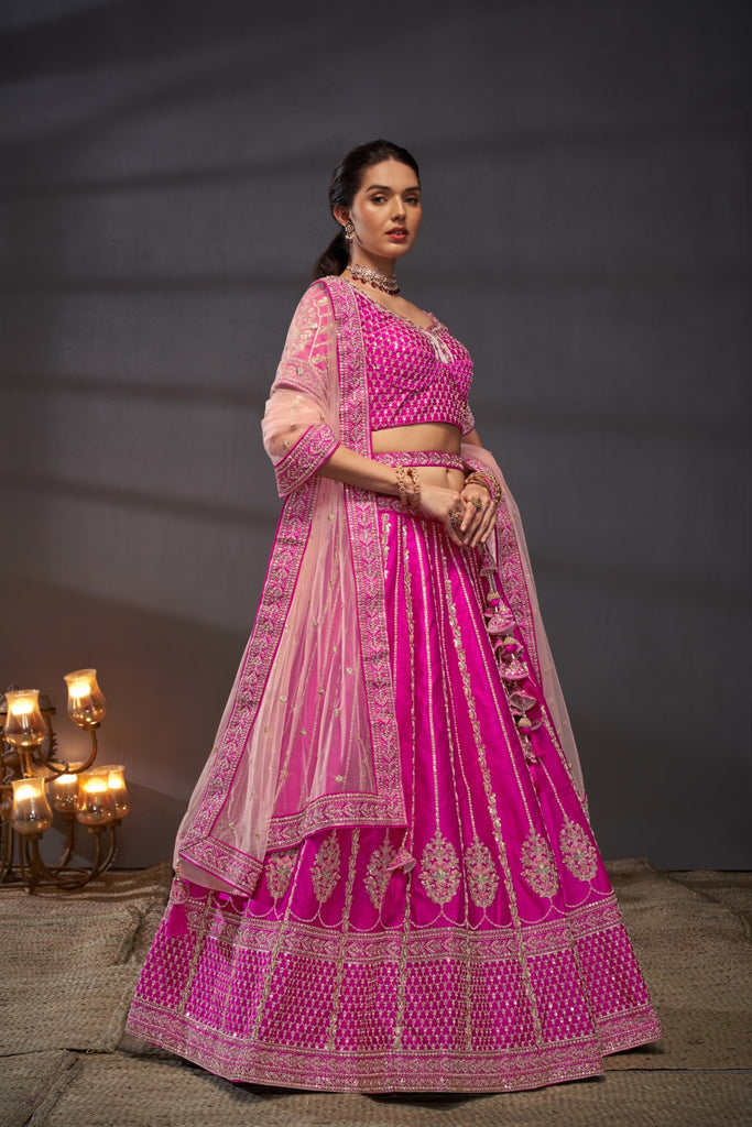 Pink Pure Silk Bridal Lehenga Choli Set with Moti, Zarkan & Sequin Embroidery ClothsVilla