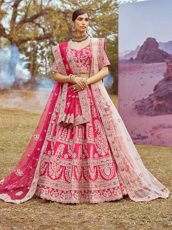 Pink Pure silk Moti, Sequins embroidery Semi-Stitched Bridel Lehenga choli & Dupatta ClothsVilla Main image