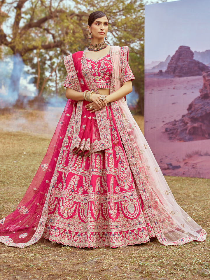 Pink Pure silk Moti, Sequins embroidery Semi-Stitched Bridel Lehenga choli & Dupatta ClothsVilla