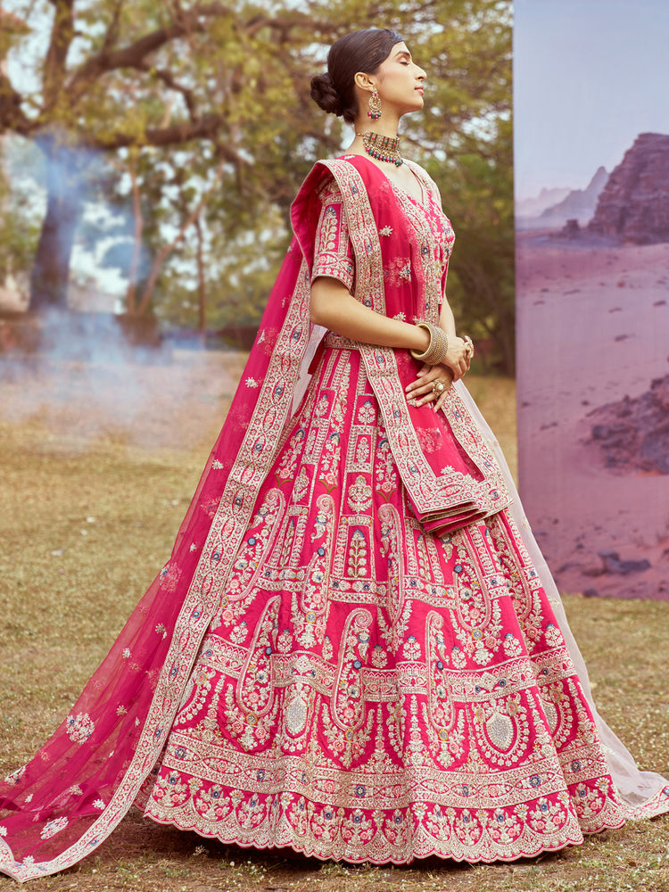 Pink Pure silk Moti, Sequins embroidery Semi-Stitched Bridel Lehenga choli & Dupatta ClothsVilla