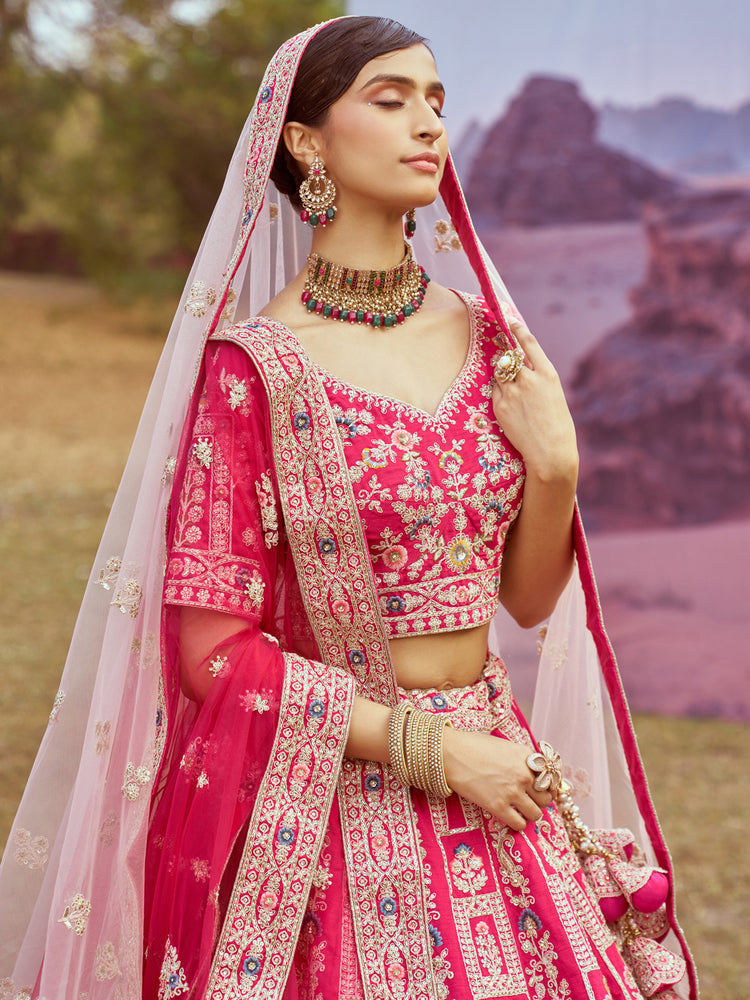 Pink Pure silk Moti, Sequins embroidery Semi-Stitched Bridel Lehenga choli & Dupatta ClothsVilla