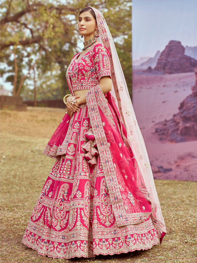 Pink Pure silk Moti, Sequins embroidery Semi-Stitched Bridel Lehenga choli & Dupatta ClothsVilla