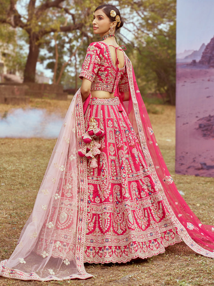 Pink Pure silk Moti, Sequins embroidery Semi-Stitched Bridel Lehenga choli & Dupatta ClothsVilla