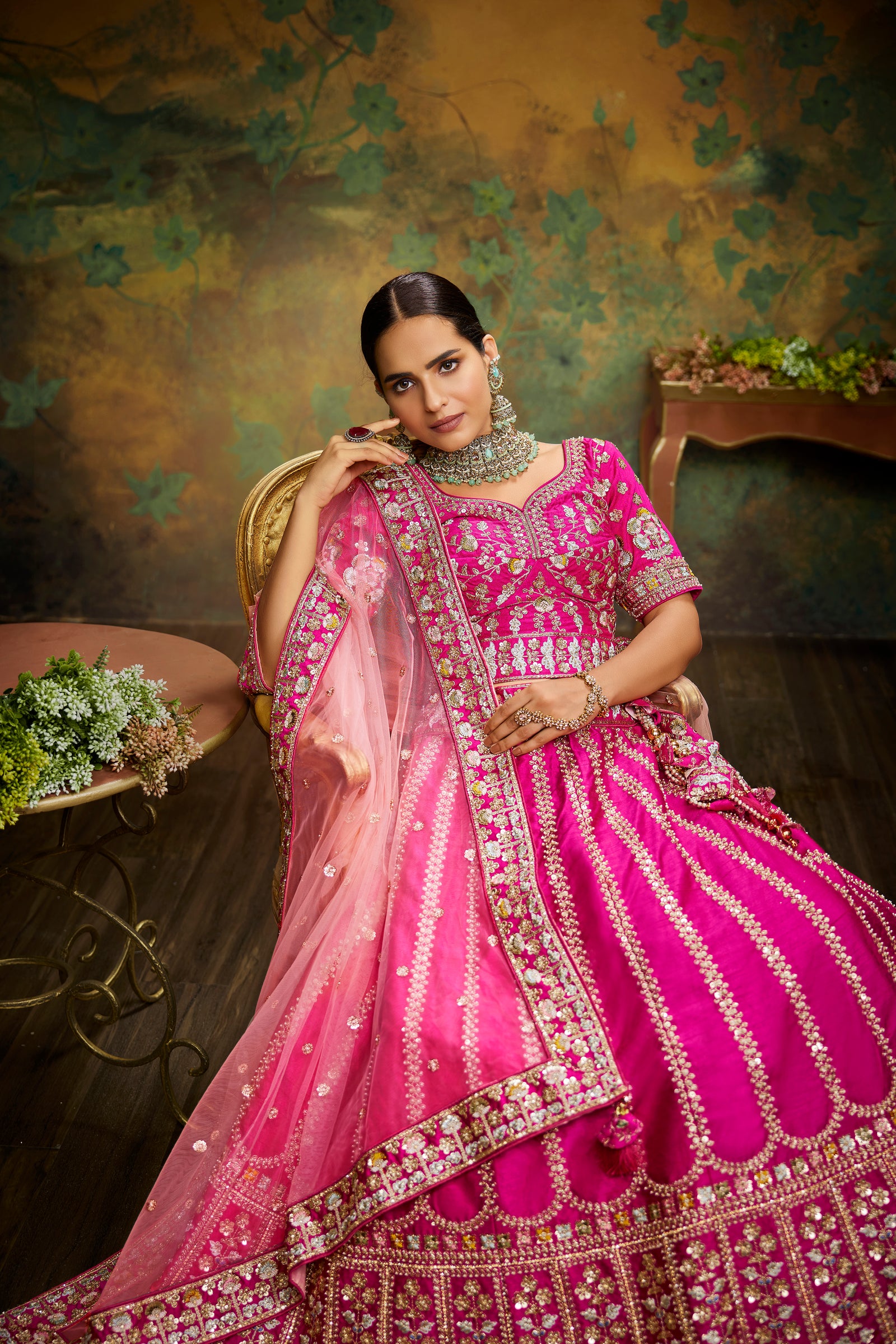 Pink Pure Silk Moti & Zarkan heavy embroidery Semi-Stitched Lehenga choli & Dupatta Clothsvilla