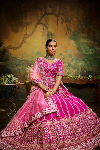 Pink Pure Silk Moti & Zarkan heavy embroidery Semi-Stitched Lehenga choli & Dupatta Clothsvilla