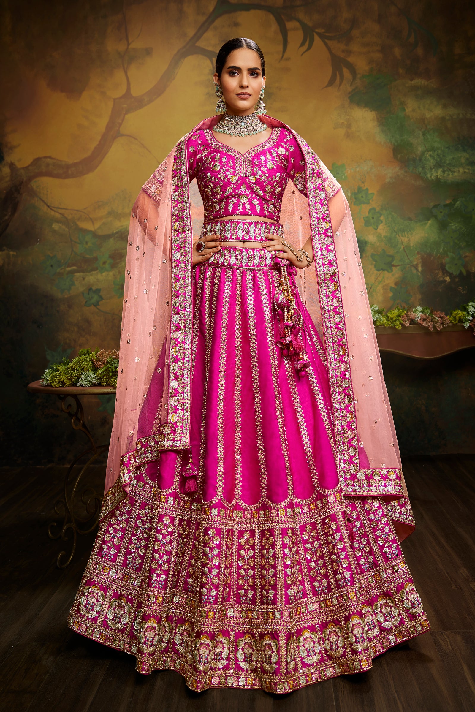 Pink Pure Silk Moti & Zarkan heavy embroidery Semi-Stitched Lehenga choli & Dupatta Clothsvilla