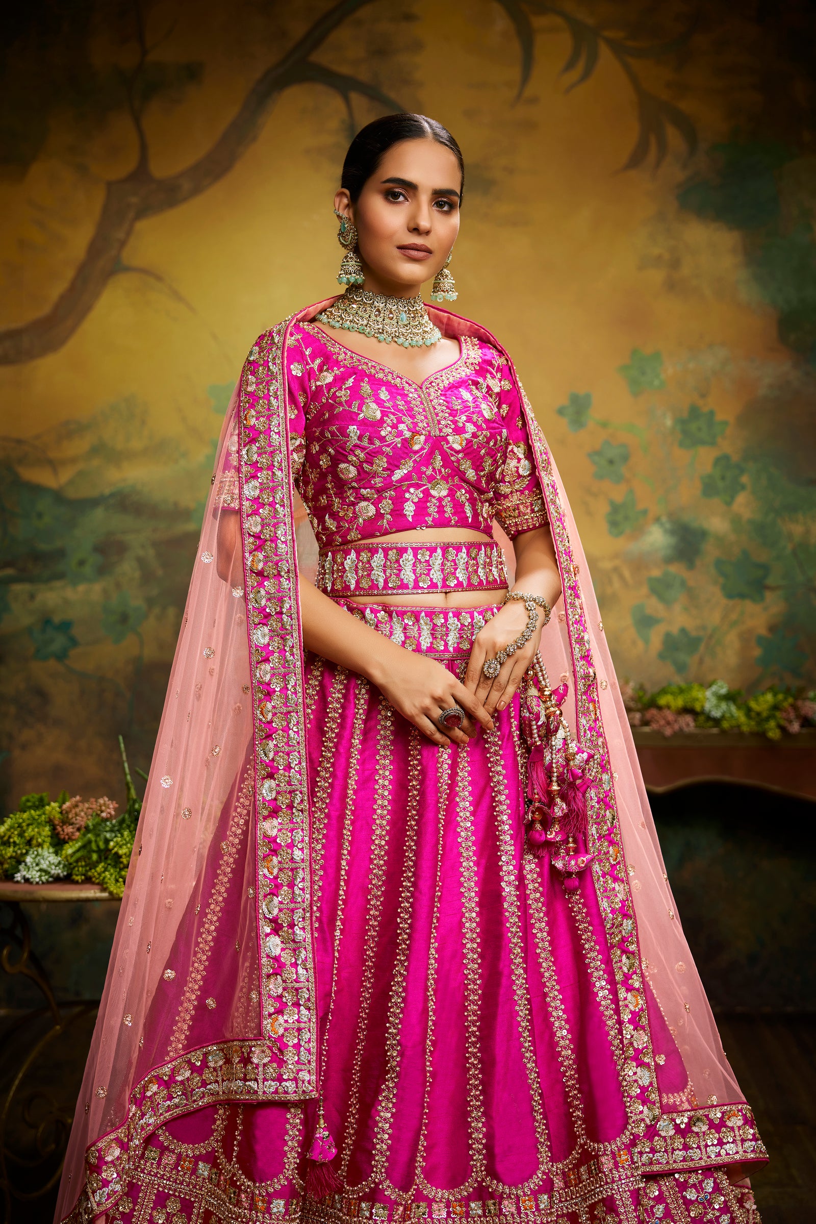 Pink Pure Silk Moti & Zarkan heavy embroidery Semi-Stitched Lehenga choli & Dupatta Clothsvilla