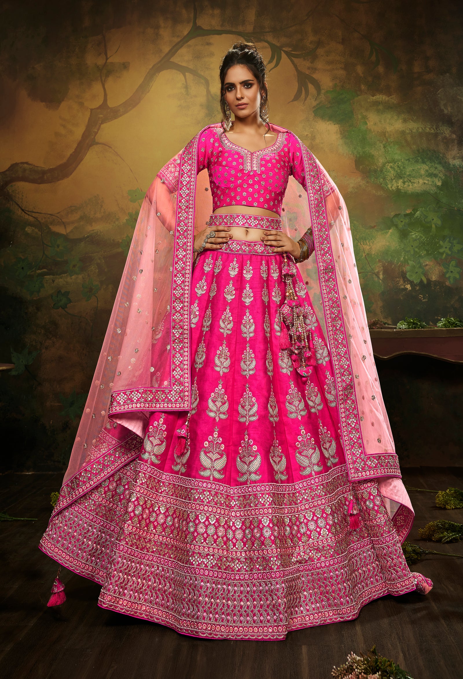 Pink Pure Silk Moti & Zarkan heavy embroidery Semi-Stitched Lehenga choli & Dupatta Clothsvilla