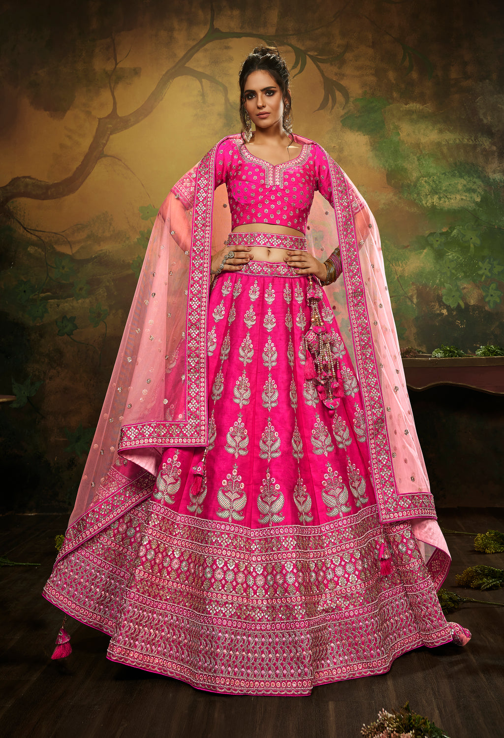 Pink Pure Silk Moti & Zarkan heavy embroidery Semi-Stitched Lehenga choli & Dupatta Clothsvilla