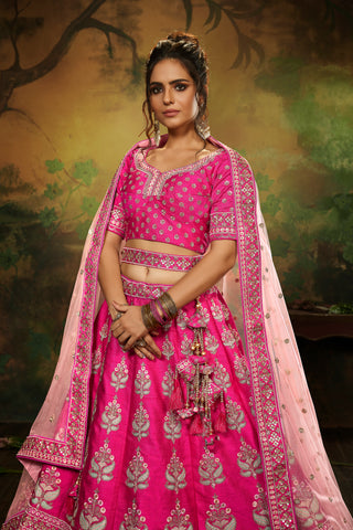 Pink Pure Silk Moti & Zarkan heavy embroidery Semi-Stitched Lehenga choli & Dupatta Clothsvilla