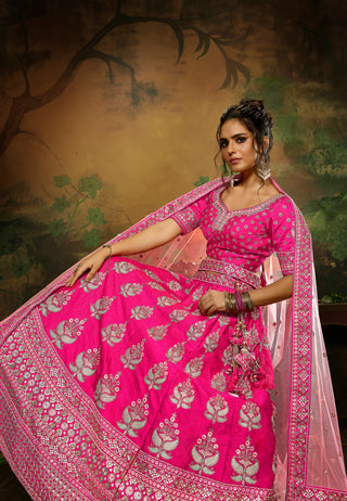 Pink Pure Silk Moti & Zarkan heavy embroidery Semi-Stitched Lehenga choli & Dupatta Clothsvilla
