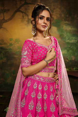 Pink Pure Silk Moti & Zarkan heavy embroidery Semi-Stitched Lehenga choli & Dupatta Clothsvilla