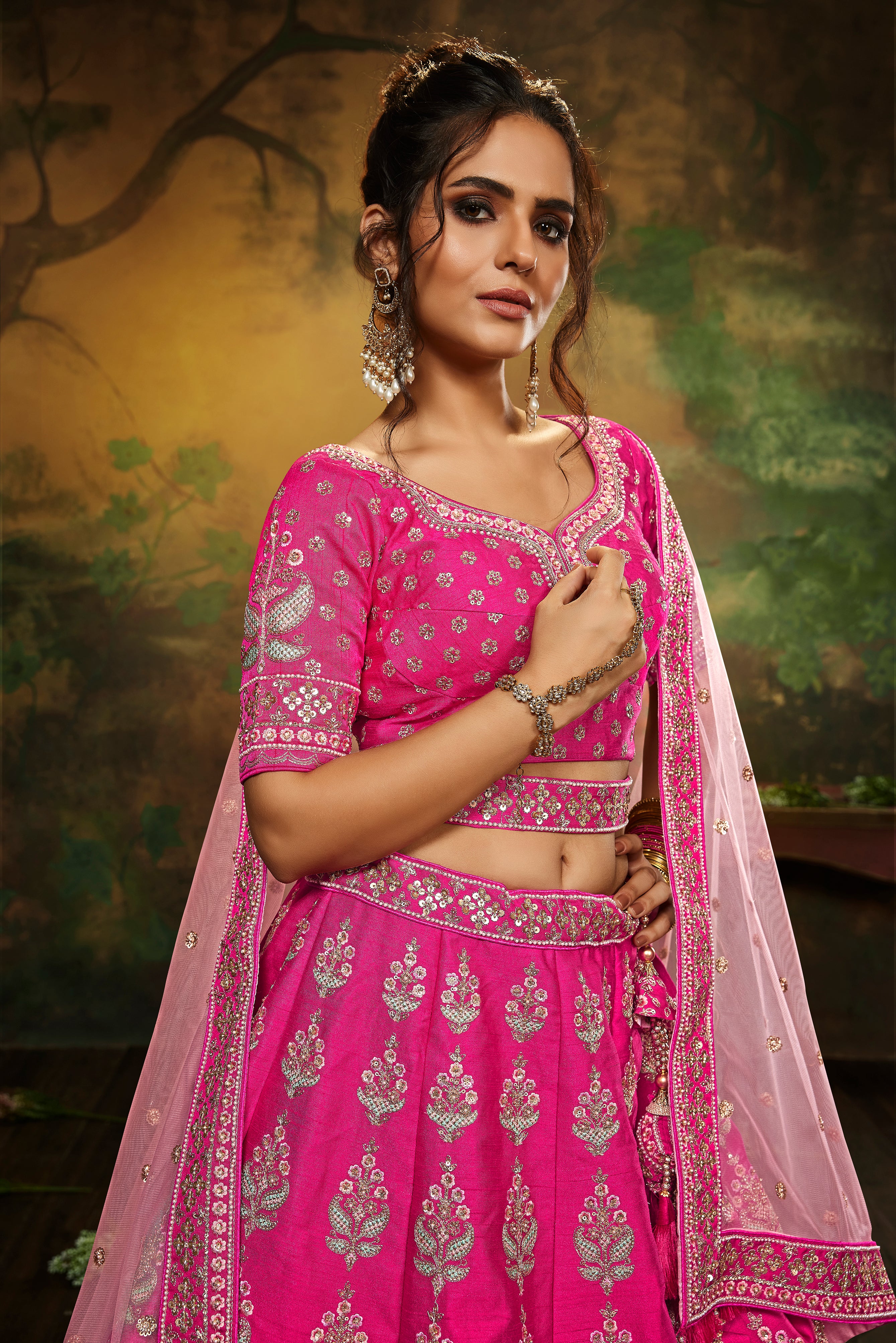 Pink Pure Silk Moti & Zarkan heavy embroidery Semi-Stitched Lehenga choli & Dupatta Clothsvilla