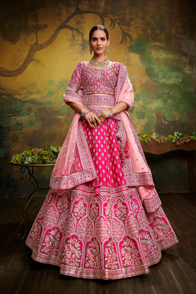 Pink Pure Silk Moti & Zarkan heavy embroidery Semi-Stitched Lehenga choli & Dupatta Clothsvilla