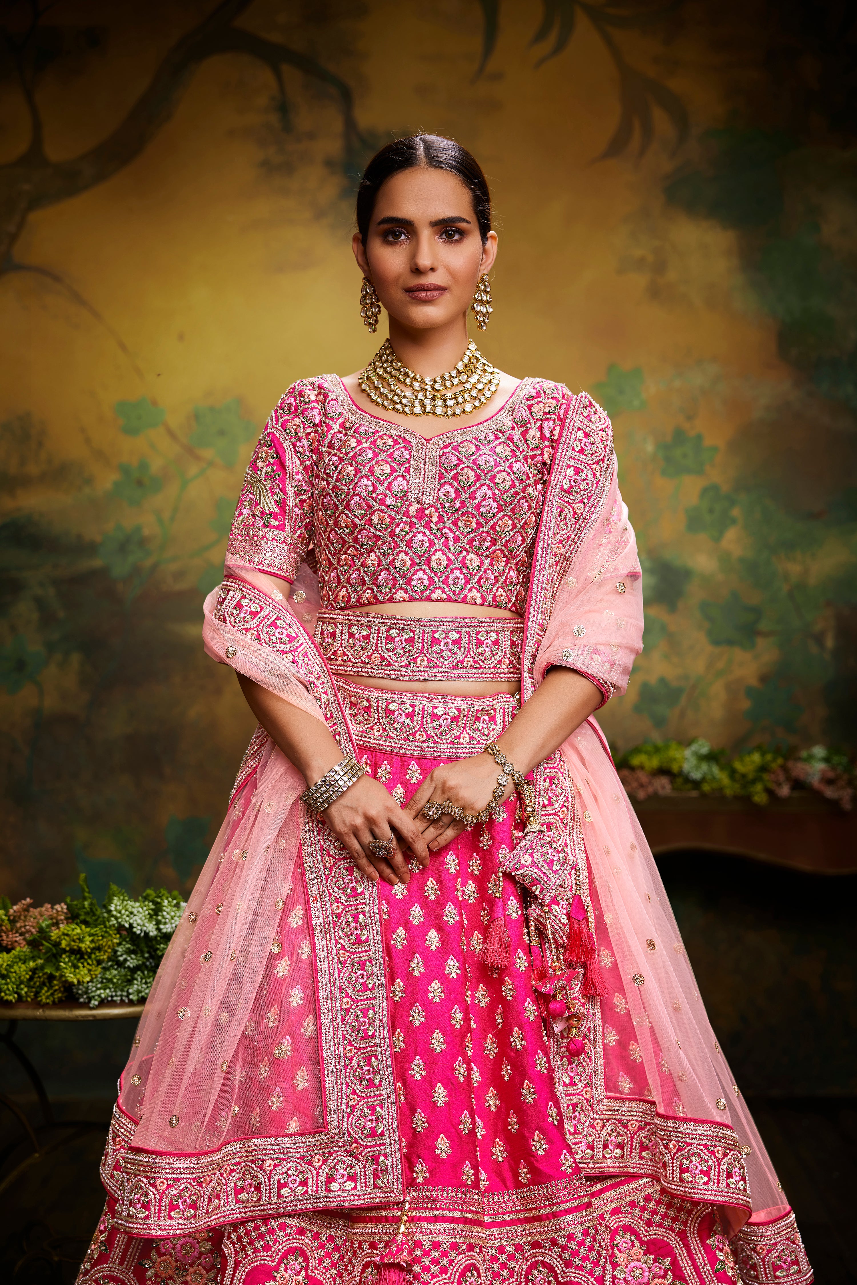 Pink Pure Silk Moti & Zarkan heavy embroidery Semi-Stitched Lehenga choli & Dupatta Clothsvilla