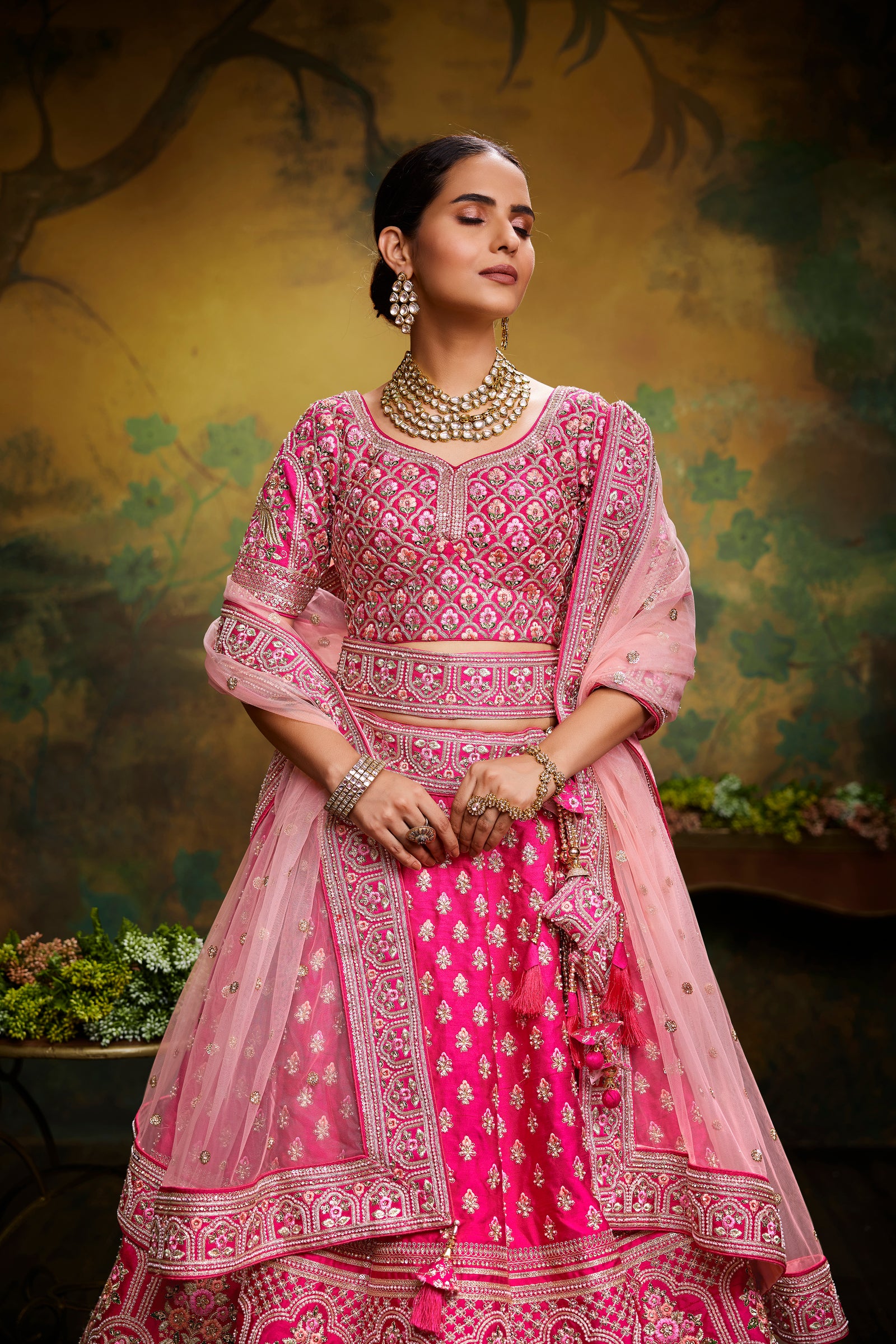 Pink Pure Silk Moti & Zarkan heavy embroidery Semi-Stitched Lehenga choli & Dupatta Clothsvilla